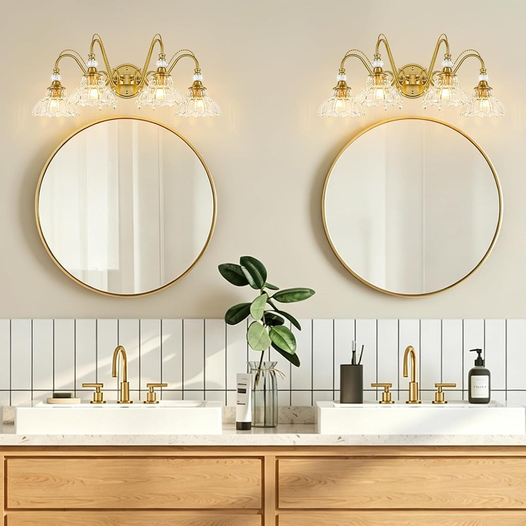 Vintage Bathroom Vanity Light, 4-Light Brushed Gold Finish Wall Sconce with Hanging Crystal Accents and Flower-Shaped Clear Glass Shades, Retro Wall Mount Vanity Light Over Mirror for Bathroom