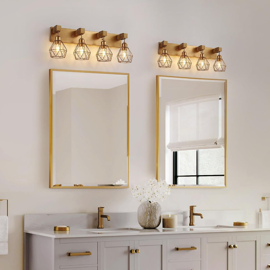 maesta Bathroom Gold Vanity Light Fixtures, 4-Light Gold Bathroom Light Fixtures Over Mirror, Sconces Wall Lighting with Elegant Metal Lampshade for Living Room, Bedroom, Hallway