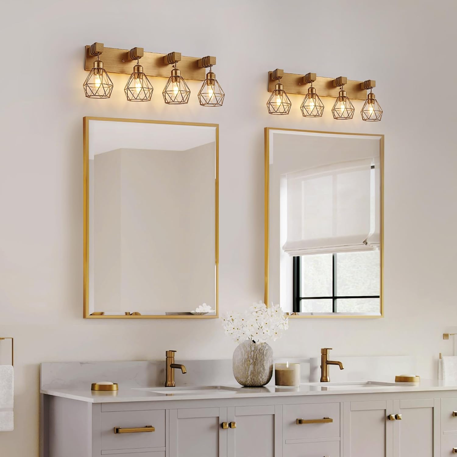 maesta Bathroom Gold Vanity Light Fixtures, 4-Light Gold Bathroom Light Fixtures Over Mirror, Sconces Wall Lighting with Elegant Metal Lampshade for Living Room, Bedroom, Hallway