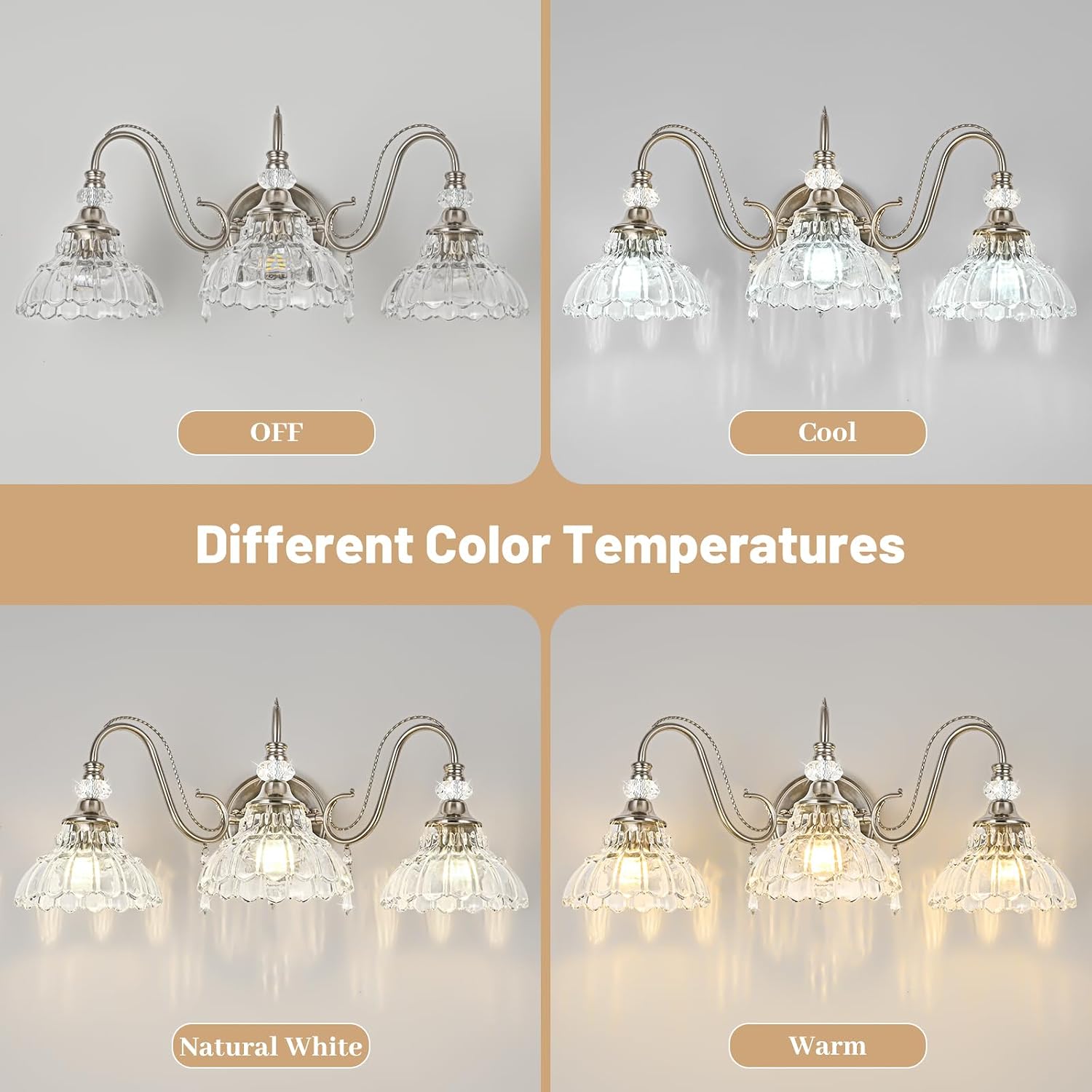 Brushed Nickel Bathroom Vanity Light, 3-Light Nickel Finish Wall Sconce with Hanging Crystal Accents and Flower-Shaped Clear Glass Shades, Modern Wall Mount Vanity Light Over Mirror for Bathroom
