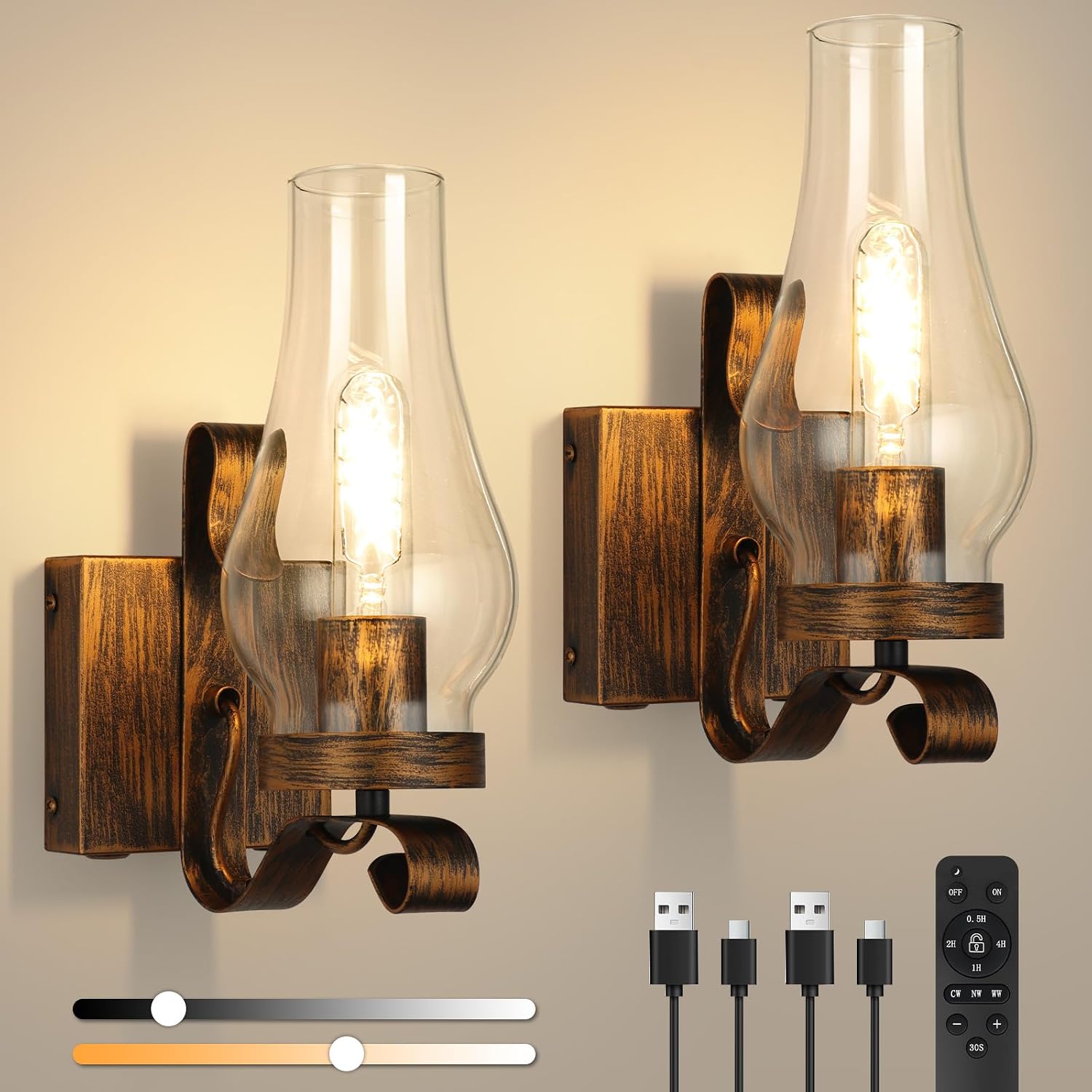 Battery Operated Wall Sconces, Rustic Wall Lights Sets of 2, Non-Hardwired Antique Kerosene Wall Lamps, Vintage Bedside Gold Wall Sconces with Remote for Living Room, Bedroom, Hallway etc