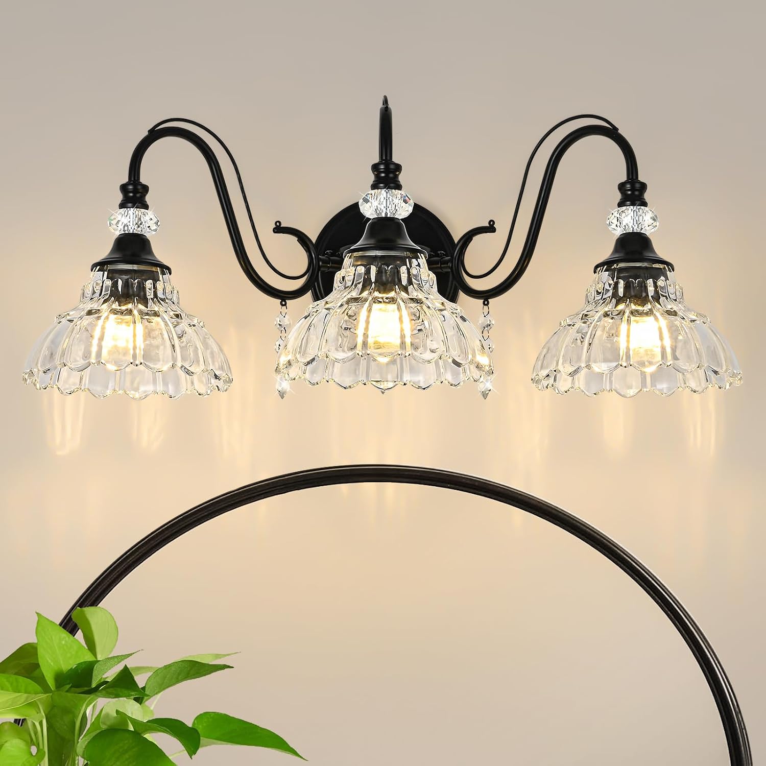 Black Bathroom Vanity Light, 3-Light Matte Black Finish Farmhouse Wall Sconce with Hanging Crystal Accents and Flower-Shaped Clear Glass Shades, Retro Wall Mount Vanity Light Over Mirror for Bathroom