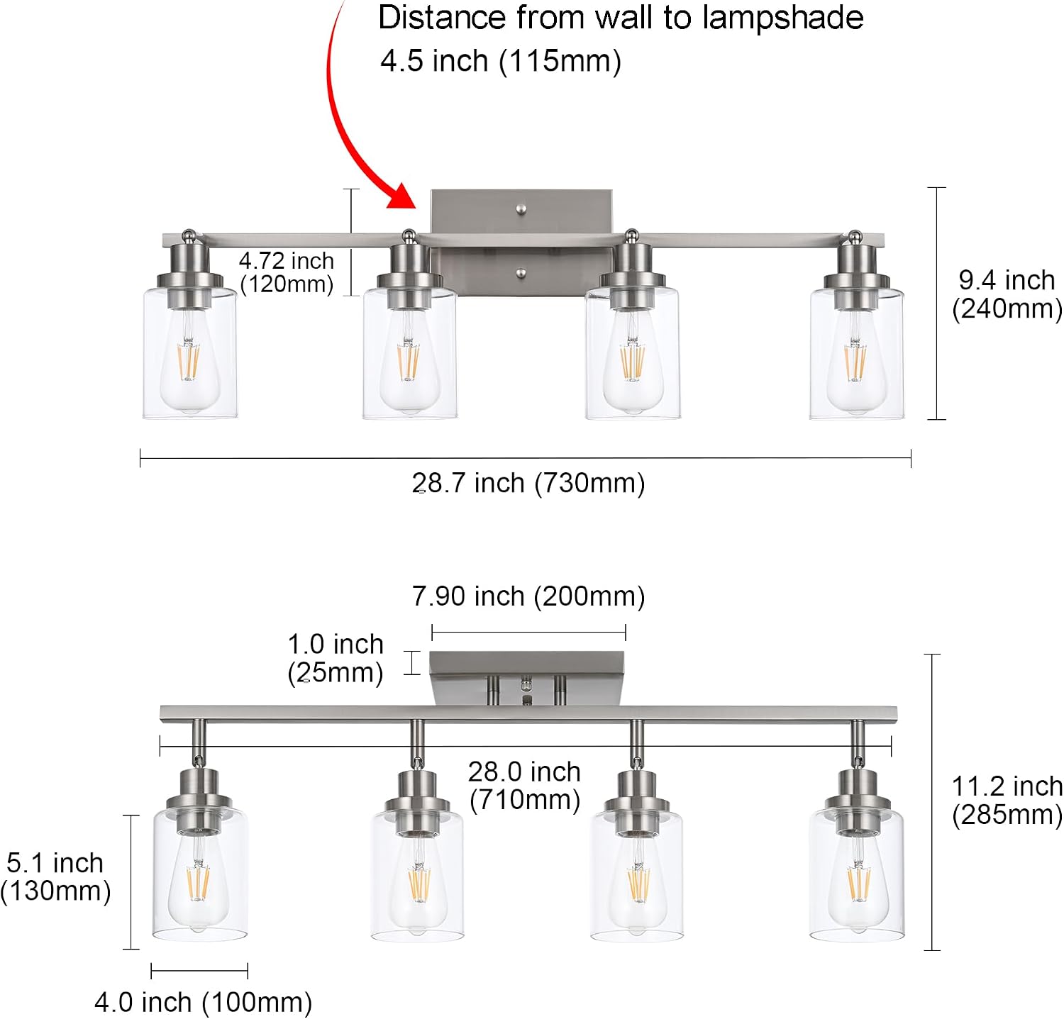 MELUCEE 4 Light Track Lighting Kit 28.7 Inch Bathroom Vanity Light Fixtures Brushed Nickel Ceiling Spotlight Fixture for Hallway Porch Foyer Bath Storage, Clear Glass Shade