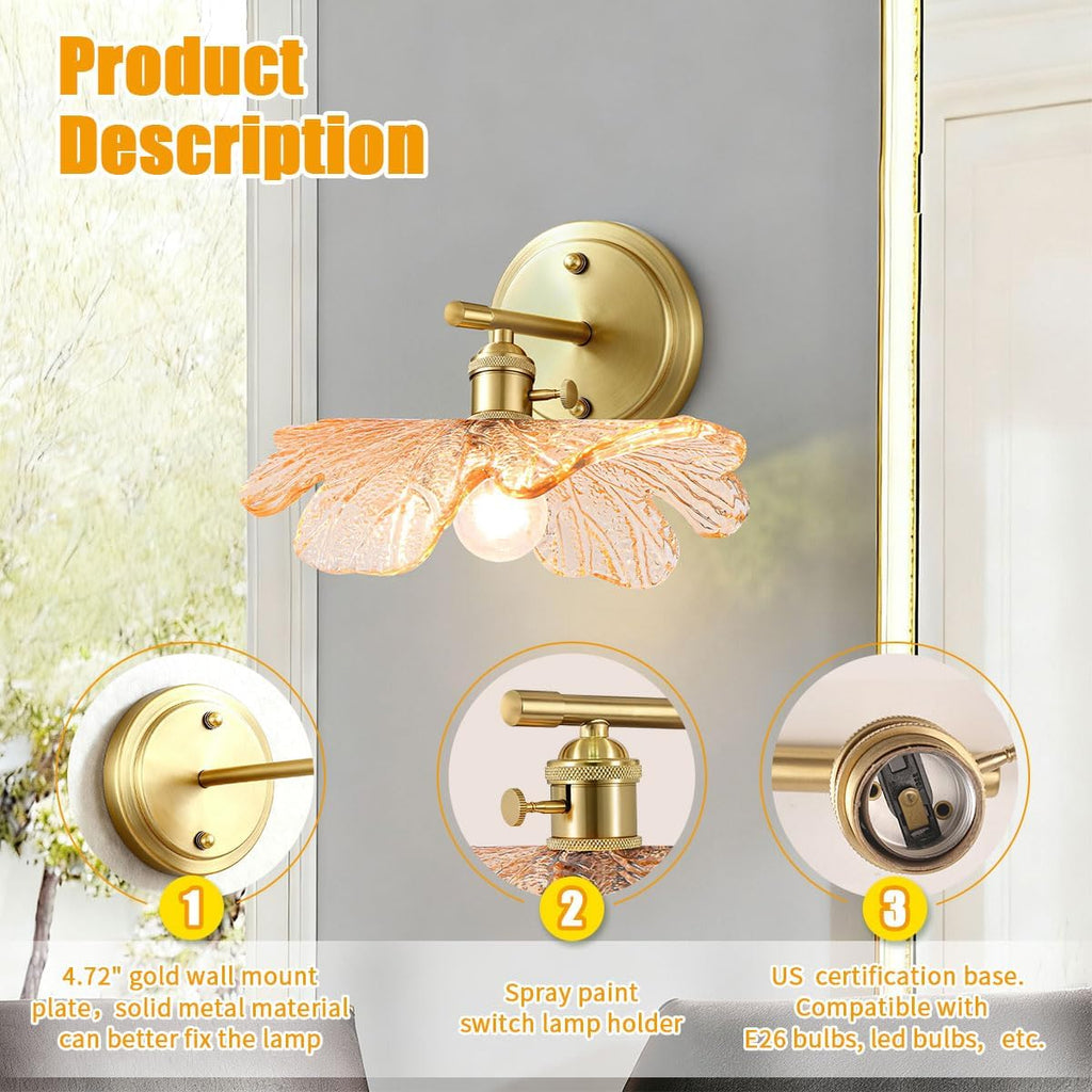 Unique Wall Light Set of 2 with Amber Glass Petals Over Mirror | Vintage Wall Sconce Set of 2 Bathroom Vanity Lights, flower Glass Shade ＆Gold Brass E26 Base, Easy to install, For Hallway