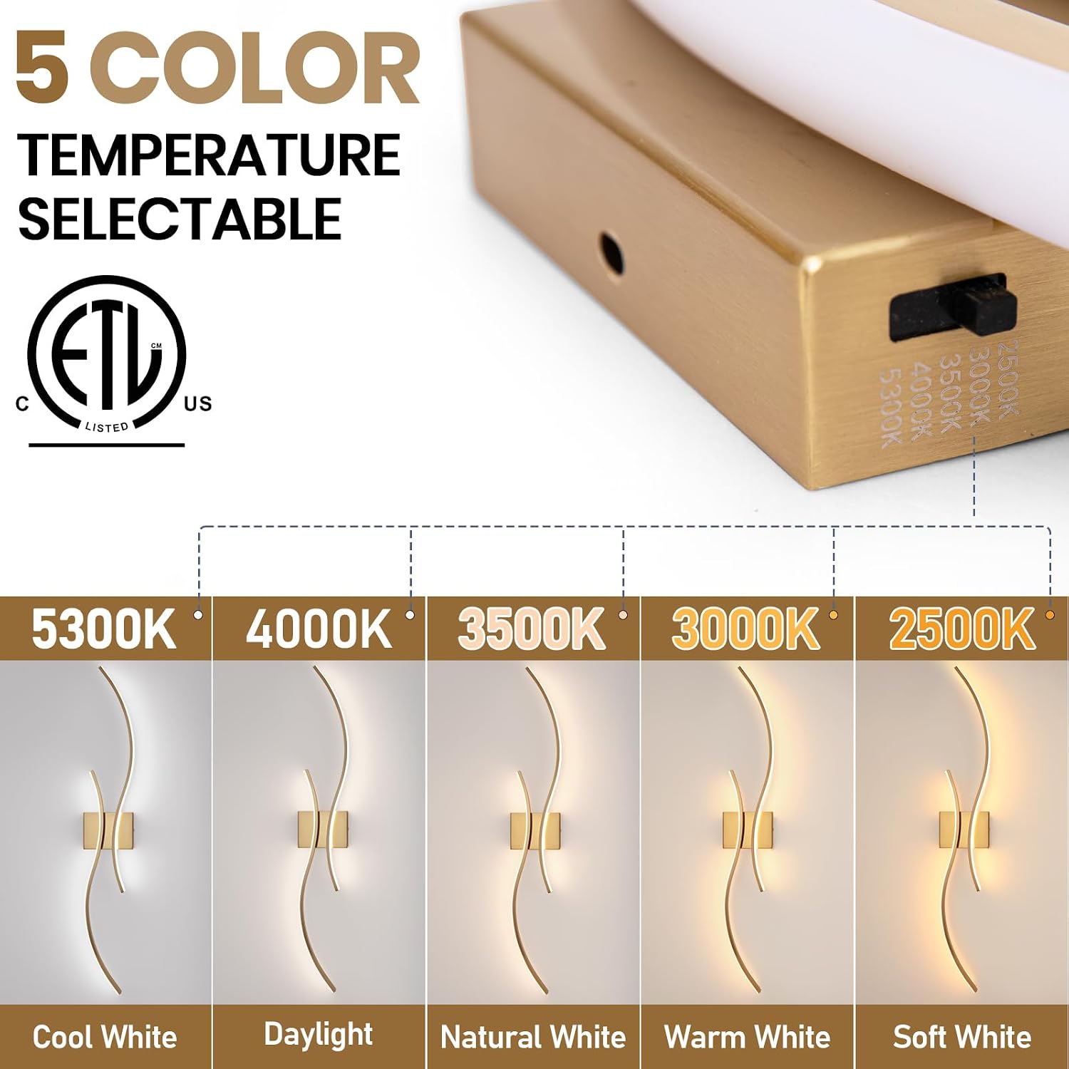 CANEOE Modern Wall Sconce Set of, 5CCT Dimmable Indoor Led Wall Sconce Lighting Set of 2, 31.5 Inch Wall Light Fixtures, Gold Led Wall Lamps for Living Room Bedroom Bathroom Hallway