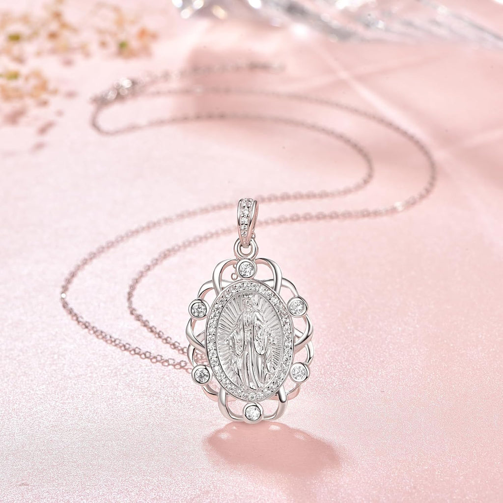 AENEAS 925 Sterling Silver Virgin Mary Necklace for Women, Lady of Guadalupe Virgin Mary Pendant Necklace, Miraculous Medal Religious Christian Jewelry Gift for Mom Wife Her Birthday Anniversary Special Occasions
