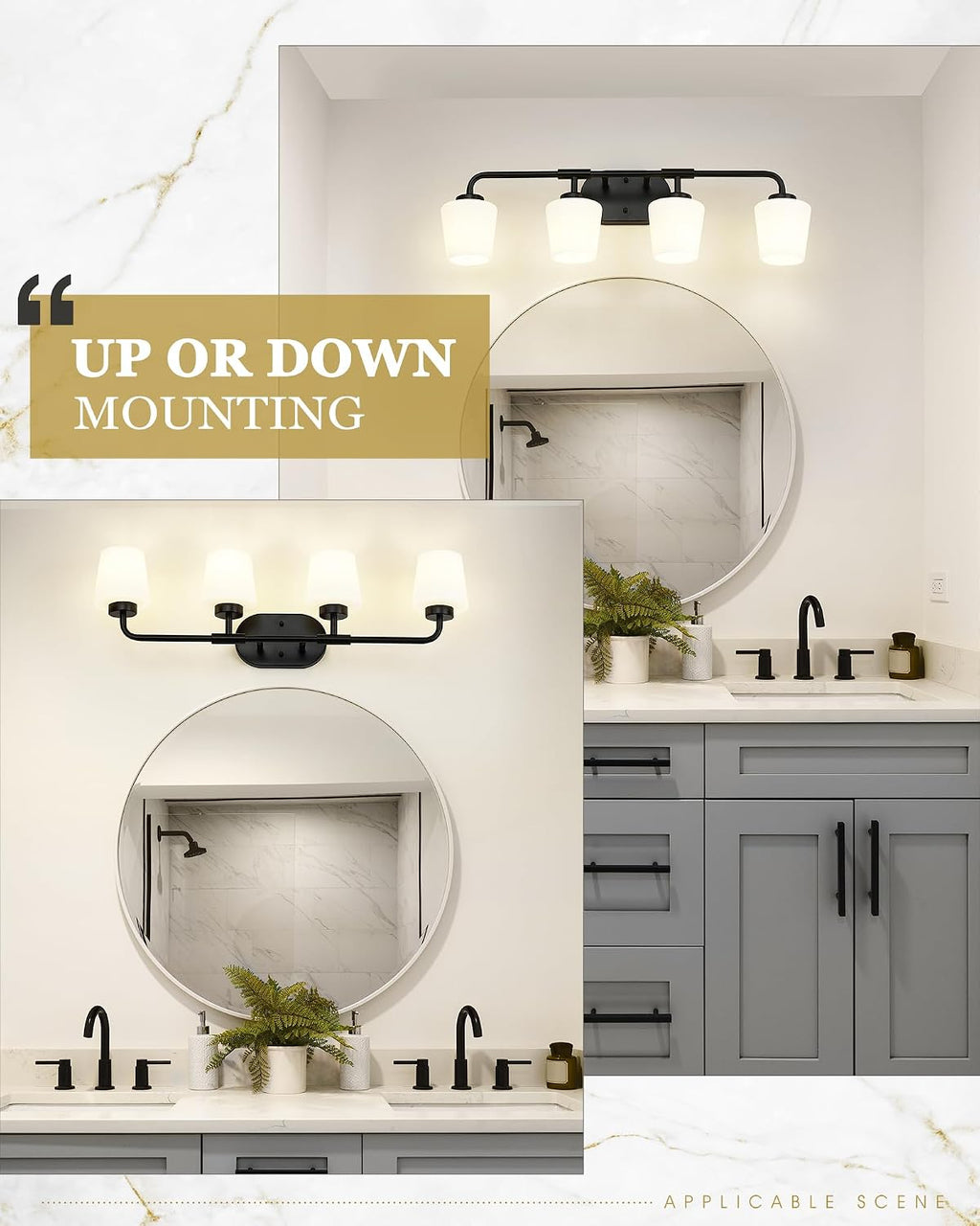 4-Light Black Bathroom Light Fixtures Over Mirror, White Glass | Vanity Lighting Fixtures with Milk White Glass, Vintage Farmhouse Wall Sconces Lighting, AD-22004-4W-BK