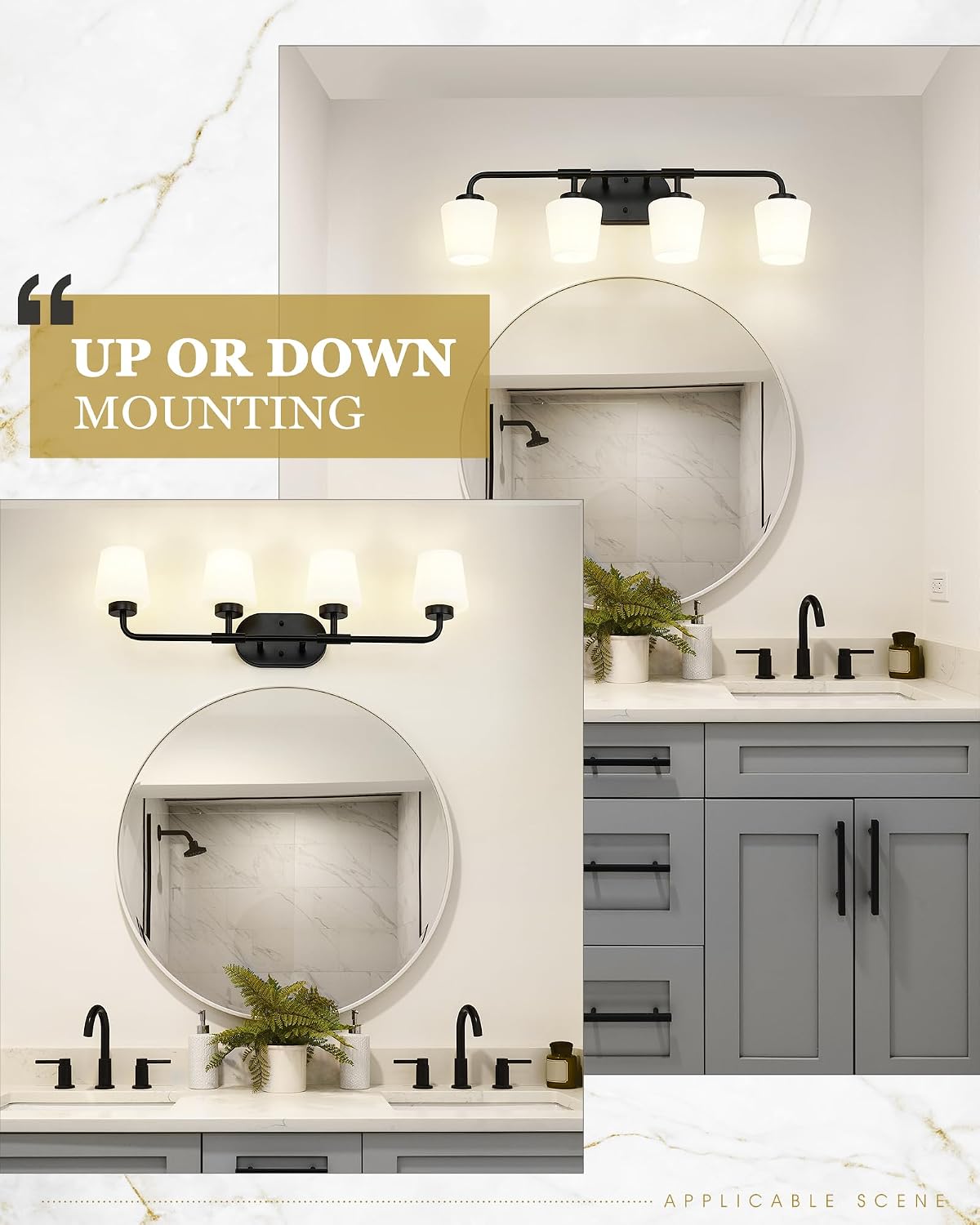 4-Light Black Bathroom Light Fixtures Over Mirror, White Glass | Vanity Lighting Fixtures with Milk White Glass, Vintage Farmhouse Wall Sconces Lighting, AD-22004-4W-BK