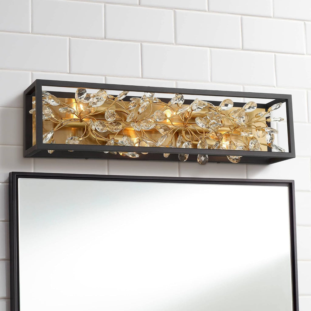 Possini Euro Design Carrine Modern Wall Lights Set of 2 Black Gold Plated Hardwired 6' 4-Light Fixture Clear Crystal Flower Vine for Bedroom Bathroom Vanity Reading Living Room Hallway House Home