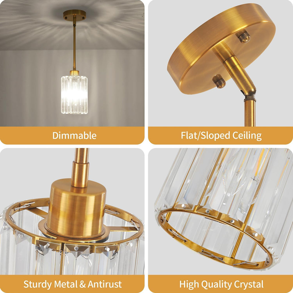 3 Pack Brushed Gold Pendant Lights Kitchen Island, Modern Crystal Pendant Lighting Over Island Kitchen Light Fixtures Hallway Ceiling Lights Adjustable Hanging Pendant Light for Bathroom Foyer