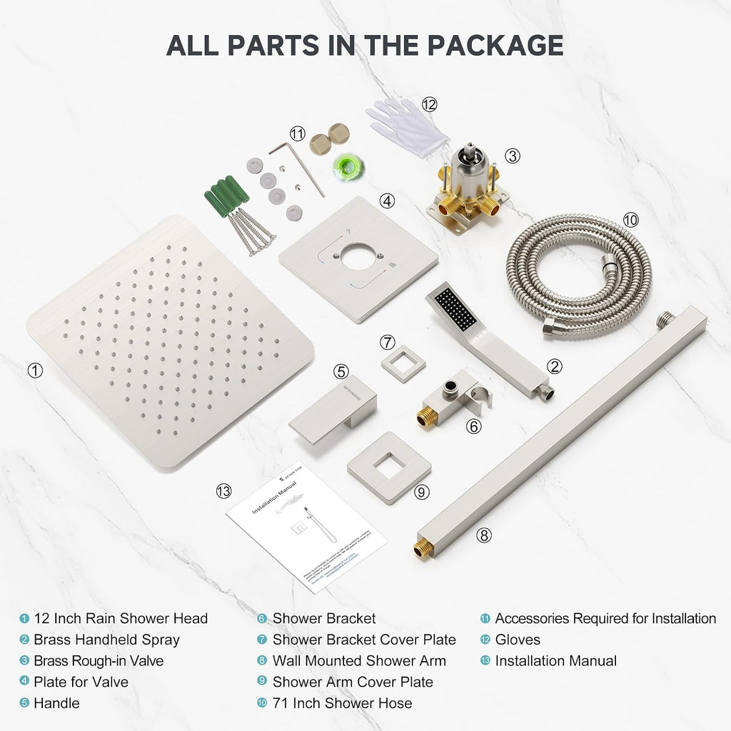 SR SUN RISE Shower Faucet Set & System - 12 Inch Rainfall Shower Head & Handle Set Wall Mounted Brushed Nickel Solid Brass Valve Trim Kit Included