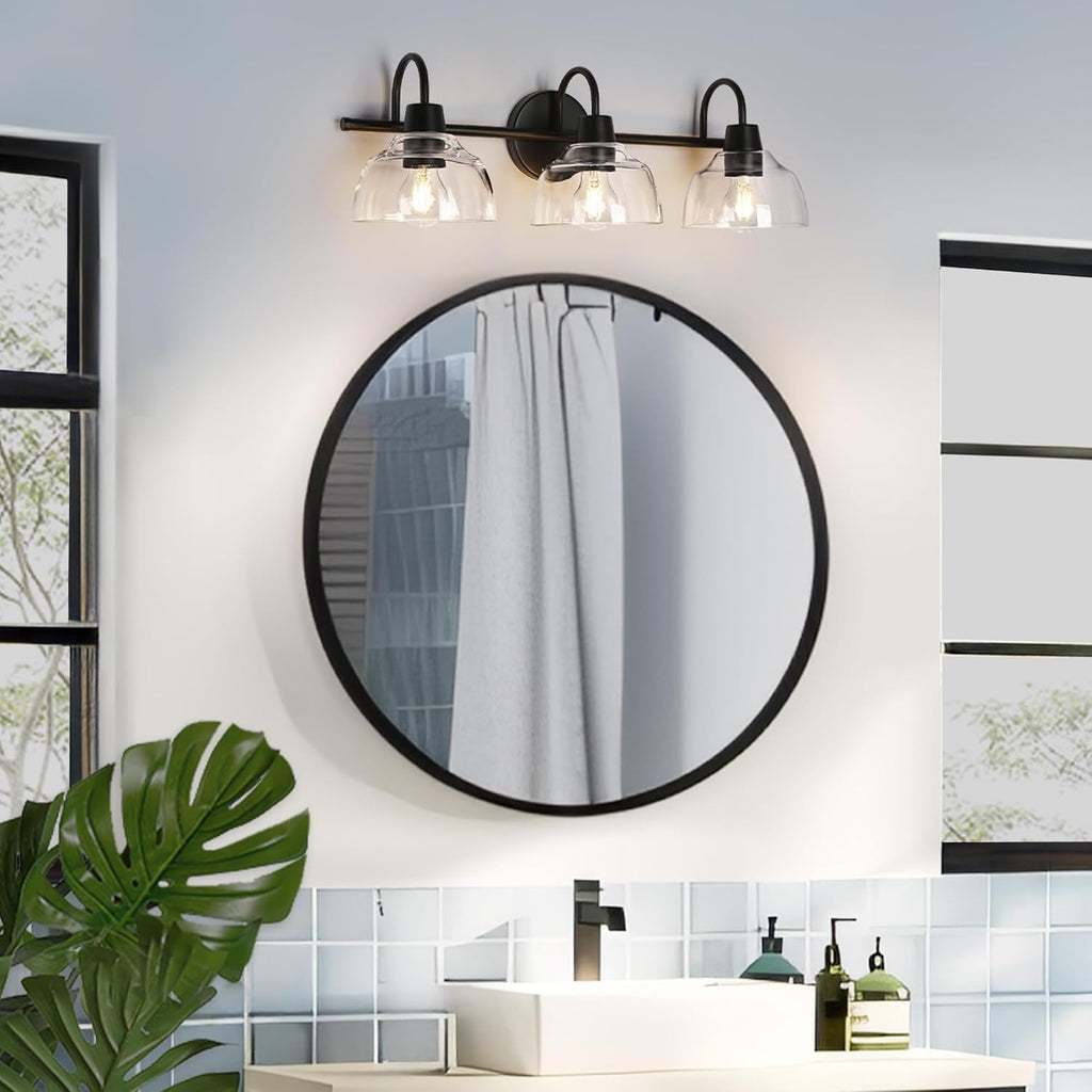 KSANA Black Bathroom Light Fixture, 3-Light Vanity Light with Large Opening Clear Glass Shade, Modern Farmhouse Wall Lamp Over Mirror