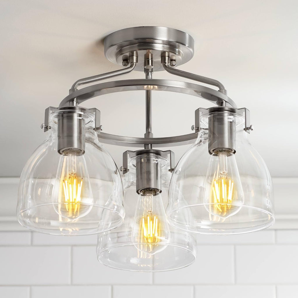 Possini Euro Design Bellis Modern Industrial Close to Ceiling Light Semi Flush Mount Fixture 14 1/2' Wide 3-Light Brushed Nickel Clear Glass Shade Bedroom Hallway Living Room Dining Room Bathroom