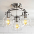 Possini Euro Design Bellis Modern Industrial Close to Ceiling Light Semi Flush Mount Fixture 14 1/2' Wide 3-Light Brushed Nickel Clear Glass Shade Bedroom Hallway Living Room Dining Room Bathroom