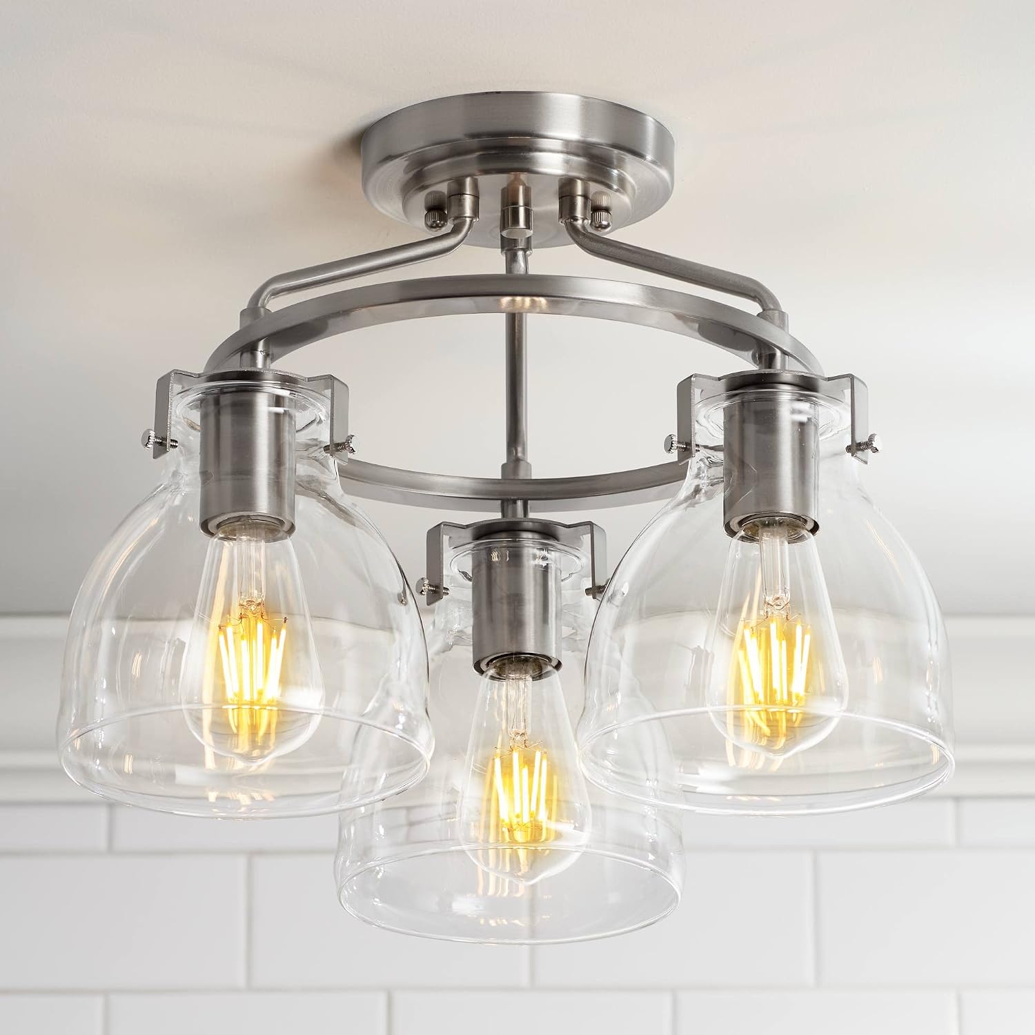 Possini Euro Design Bellis Modern Industrial Close to Ceiling Light Semi Flush Mount Fixture 14 1/2' Wide 3-Light Brushed Nickel Clear Glass Shade Bedroom Hallway Living Room Dining Room Bathroom