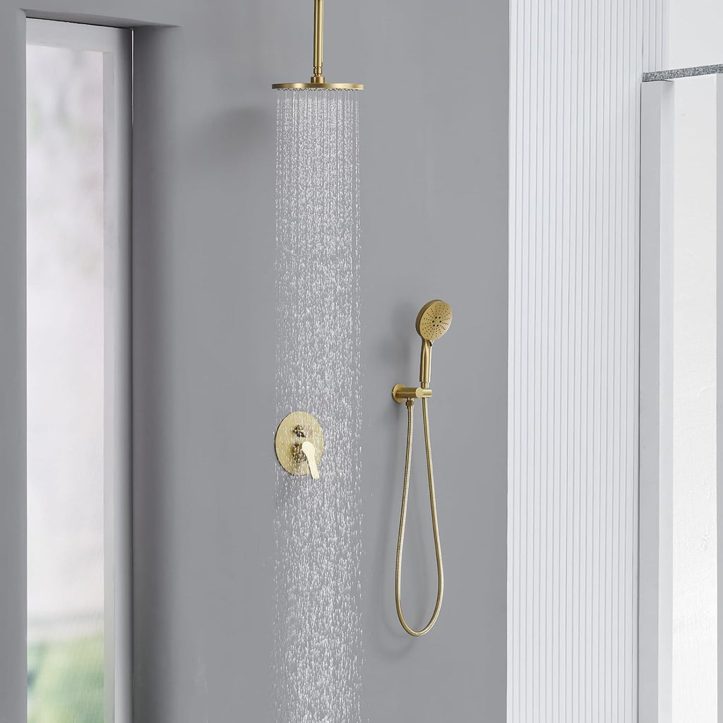 Iriber Shower System Ceiling Mounted Shower Faucet Mixer Set with Luxury High Pressure Shower head and 3-Setting Handheld, Bathroom Shower Trim Kit Contain Pressure Balance Valve,Brushed Gold