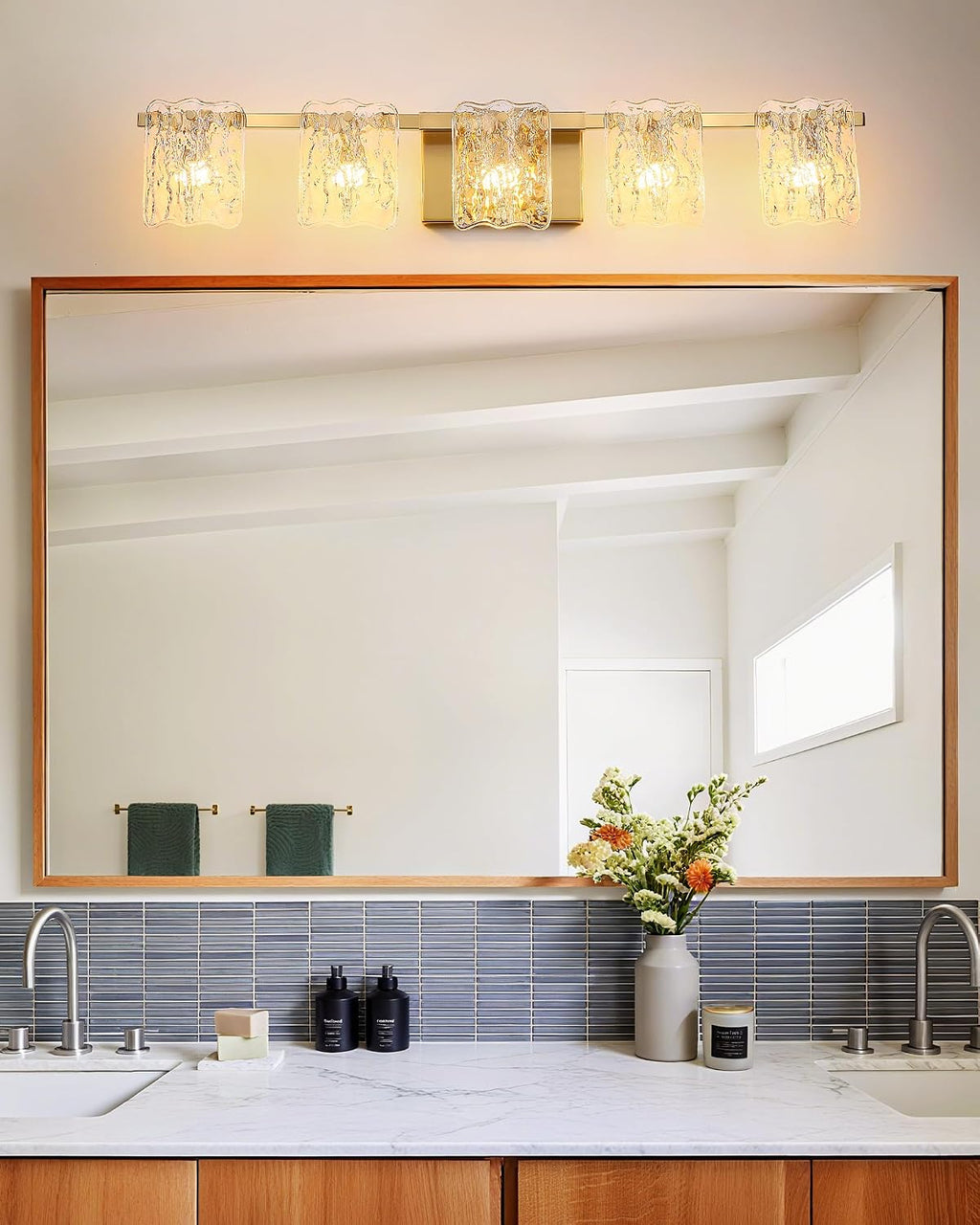 5-Light Bathroom Vanity Lights, 31' Brushed Gold Bathroom Light Fixtures Over Mirror with Clear Glass, Modern Bath Wall Sconce Lighting for Bath Restroom, OS-MM5002-5BG