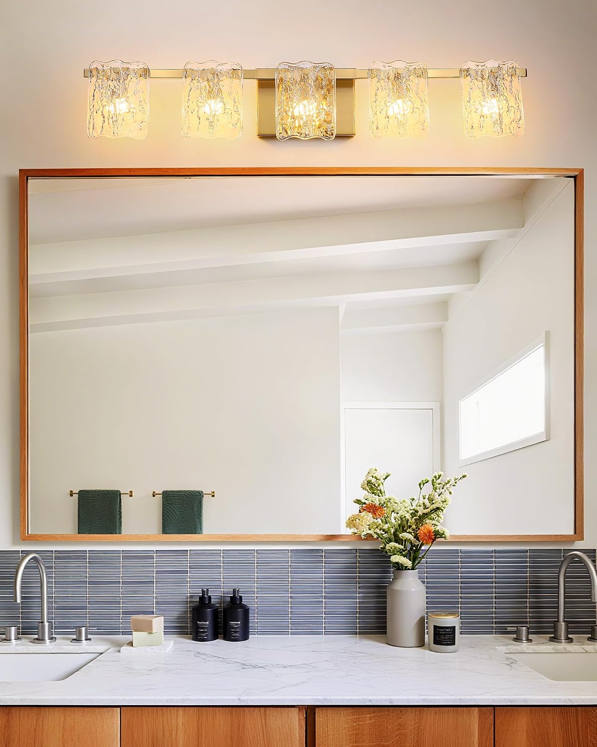 5-Light Bathroom Vanity Lights, 31' Brushed Gold Bathroom Light Fixtures Over Mirror with Clear Glass, Modern Bath Wall Sconce Lighting for Bath Restroom, OS-MM5002-5BG