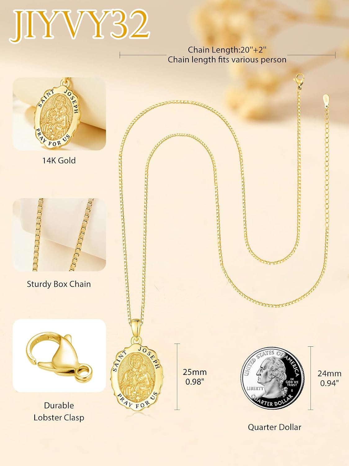 14K Gold Saint Medal Necklace for Women, Catholic Patron Saint Pendant Necklace, Christian Religious Jewelry Gift for Confirmation Baptism Communion Christmas Birthday