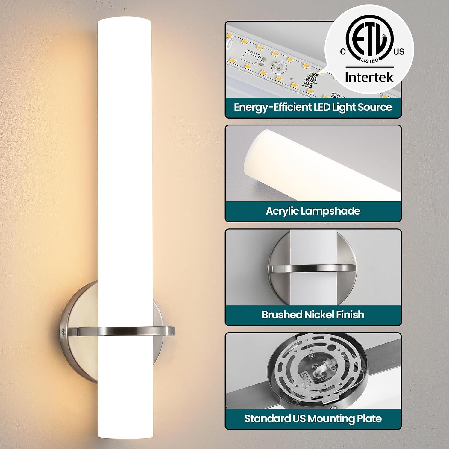 AIJIASI Brushed Nickel Bathroom Sconces Wall Lighting 18W LED Dimmable Vanity Light Fixture, 3000K Modern Wall Light Fixtures Indoor Wall Lamps for Bedroom Living Room Mirror Hallway Porch 18 inch