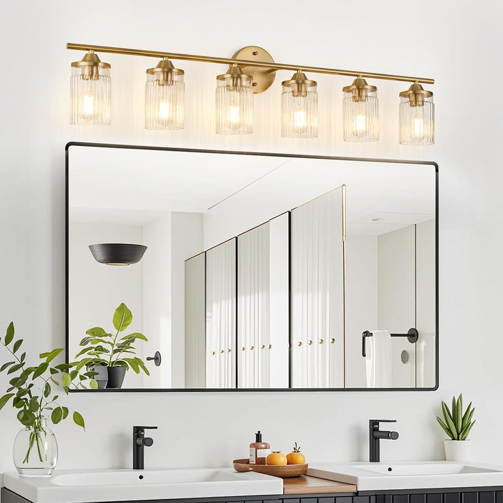 Jonsi Gold Bathroom Light Fixtures 6-Light Vanity Lights Modern Wall Sconce with Clear Glass Shade Brushed Brass Bathroom Light Fixture Over Mirror for Bedroom Hallway Kitchen