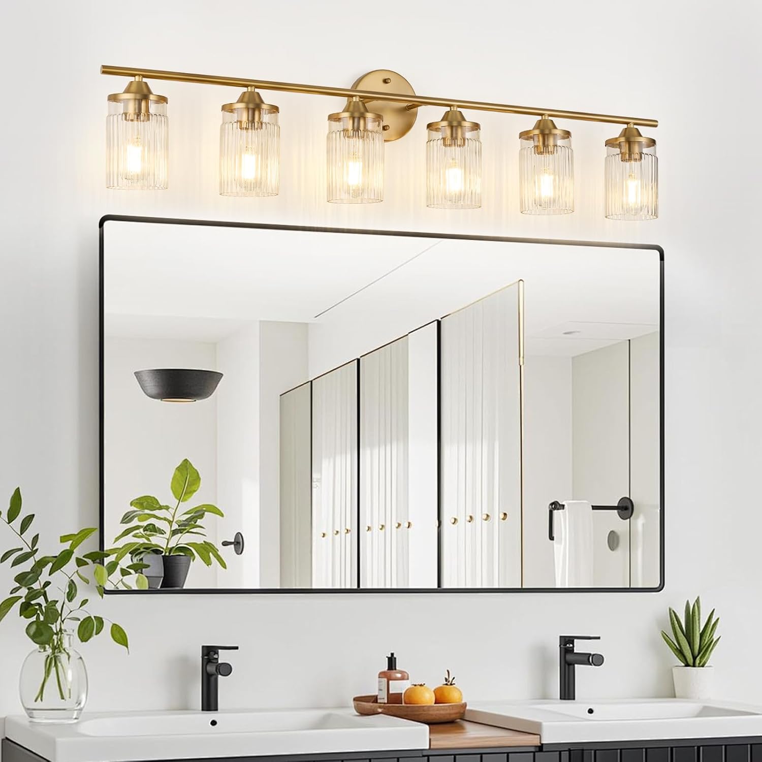 Jonsi Gold Bathroom Light Fixtures 6-Light Vanity Lights Modern Wall Sconce with Clear Glass Shade Brushed Brass Bathroom Light Fixture Over Mirror for Bedroom Hallway Kitchen