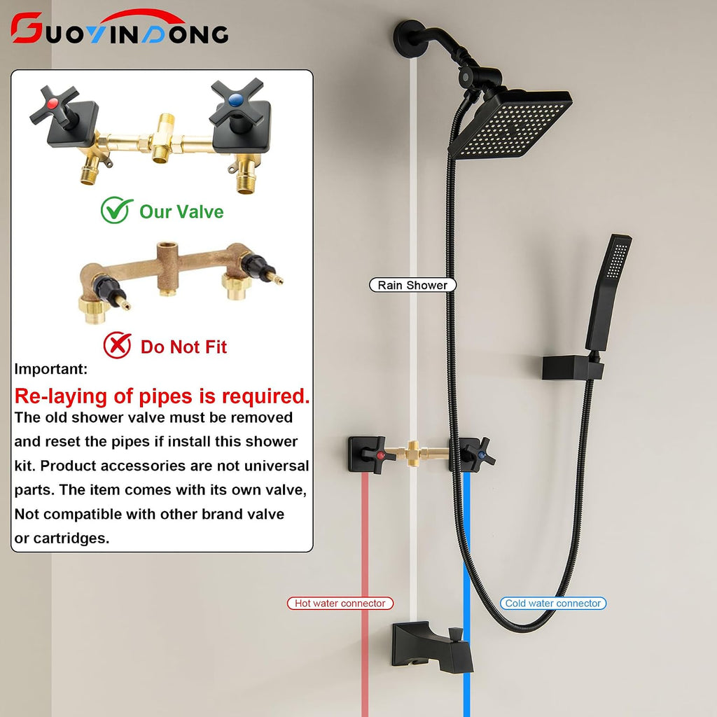2 Handle Shower Faucet Set with Hand Shower Matte Black Two Handle Tub Shower Faucets Sets Wall Mounted Bathroom Bathtub Shower Trim Kit