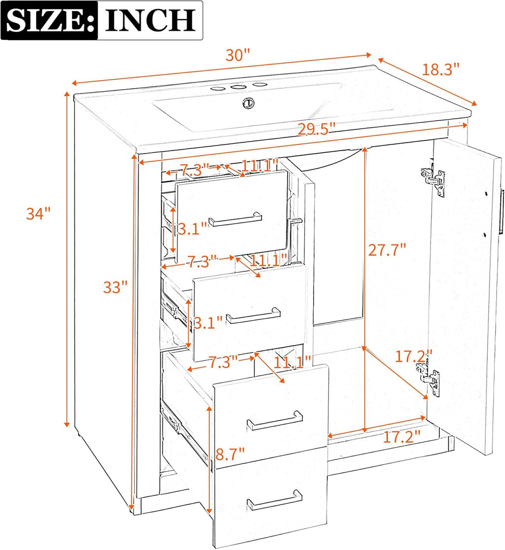 30 Inch Black Bathroom Vanity with Sink and Countertop,Solid Wood Frame Bathroom Cabinet with Sink,Modern Sink Storage Cabinet with 3 Drawers & Soft Closing Doors,Sliver Handles