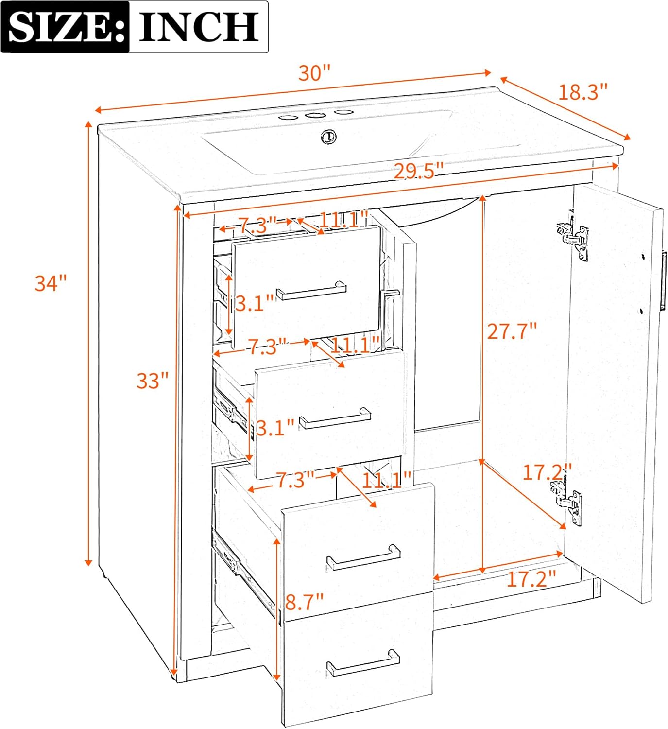 30 Inch Black Bathroom Vanity with Sink and Countertop,Solid Wood Frame Bathroom Cabinet with Sink,Modern Sink Storage Cabinet with 3 Drawers & Soft Closing Doors,Sliver Handles