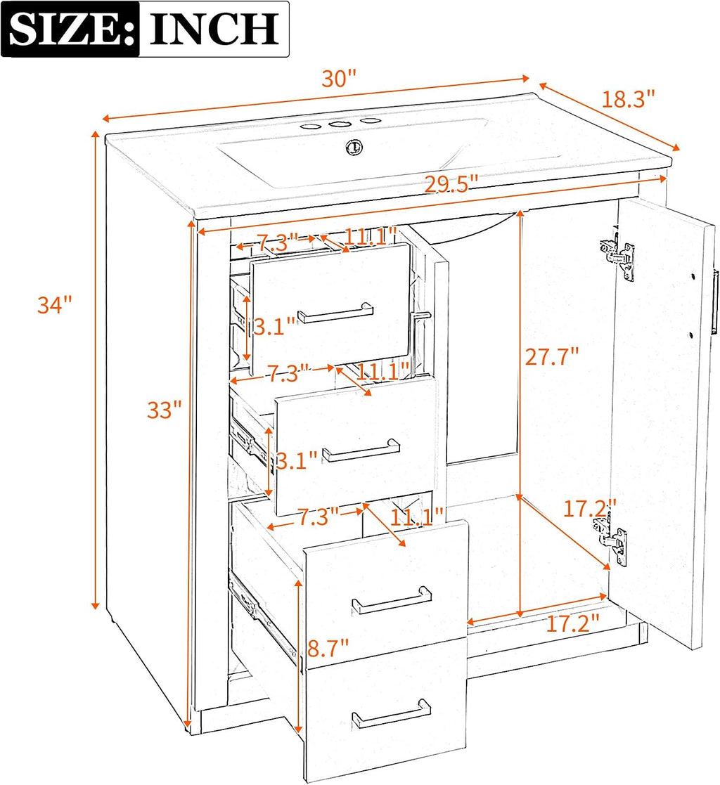 30 Inch Aqua Blue Bathroom Vanity with Sink & Gold Handles,Modern Bathroom Vanity Cabinet with Integrated Countertop,3 Left Drawers & 2 Soft Closing Doors,Solid Wood Frame,Herringbone Front