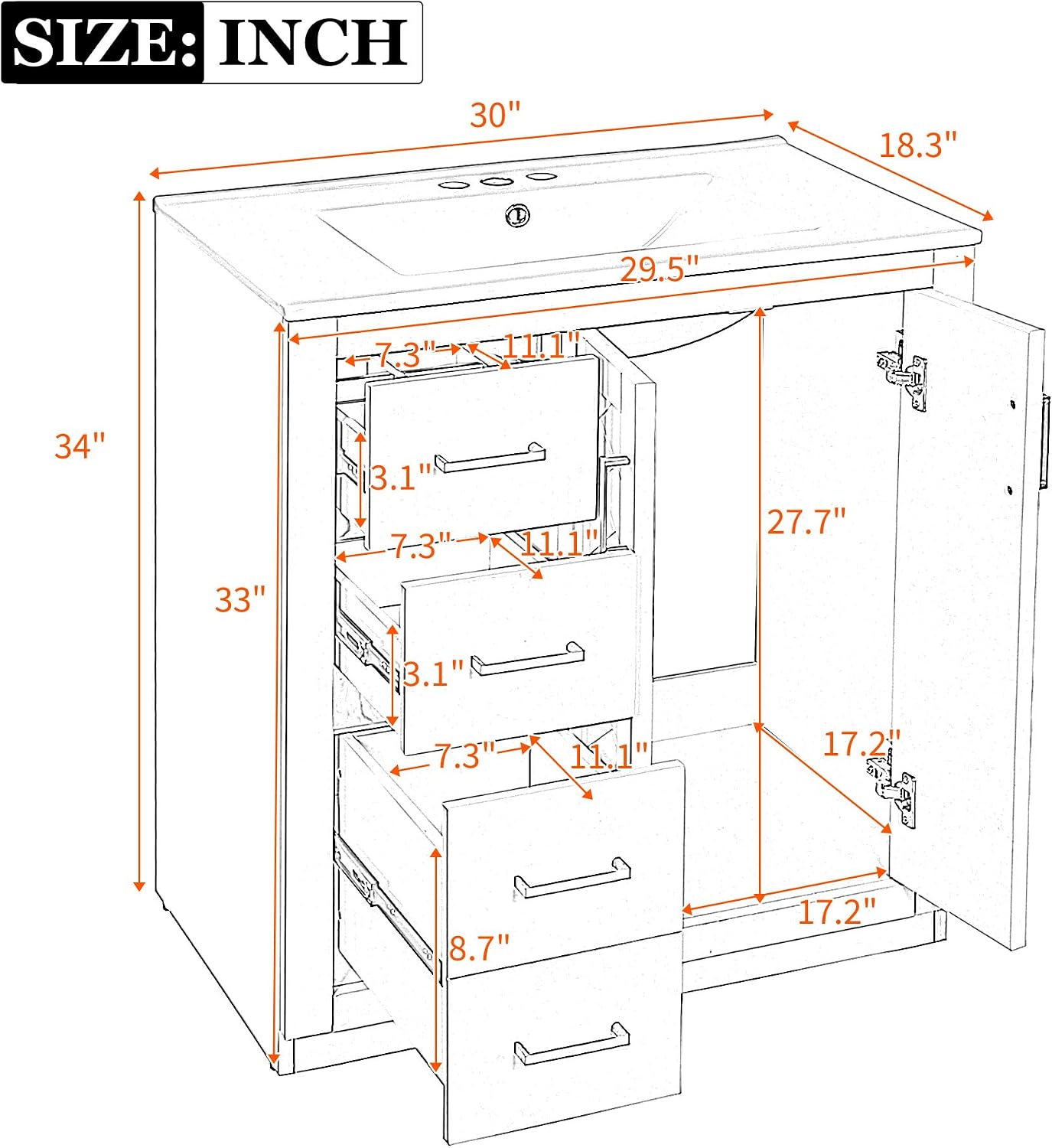 30 Inch Aqua Blue Bathroom Vanity with Sink & Gold Handles,Modern Bathroom Vanity Cabinet with Integrated Countertop,3 Left Drawers & 2 Soft Closing Doors,Solid Wood Frame,Herringbone Front