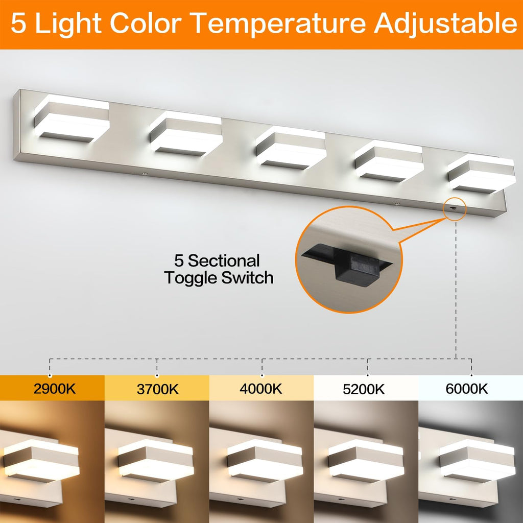 SOLFART Bathroom Brushed Nickel Bathroom Light Fixture, Vanity Lights Over Mirror, 5 Light Led Lights for Bathrooms,5 Color Temperature Adjustable Vanity Lights for Bath Nickel