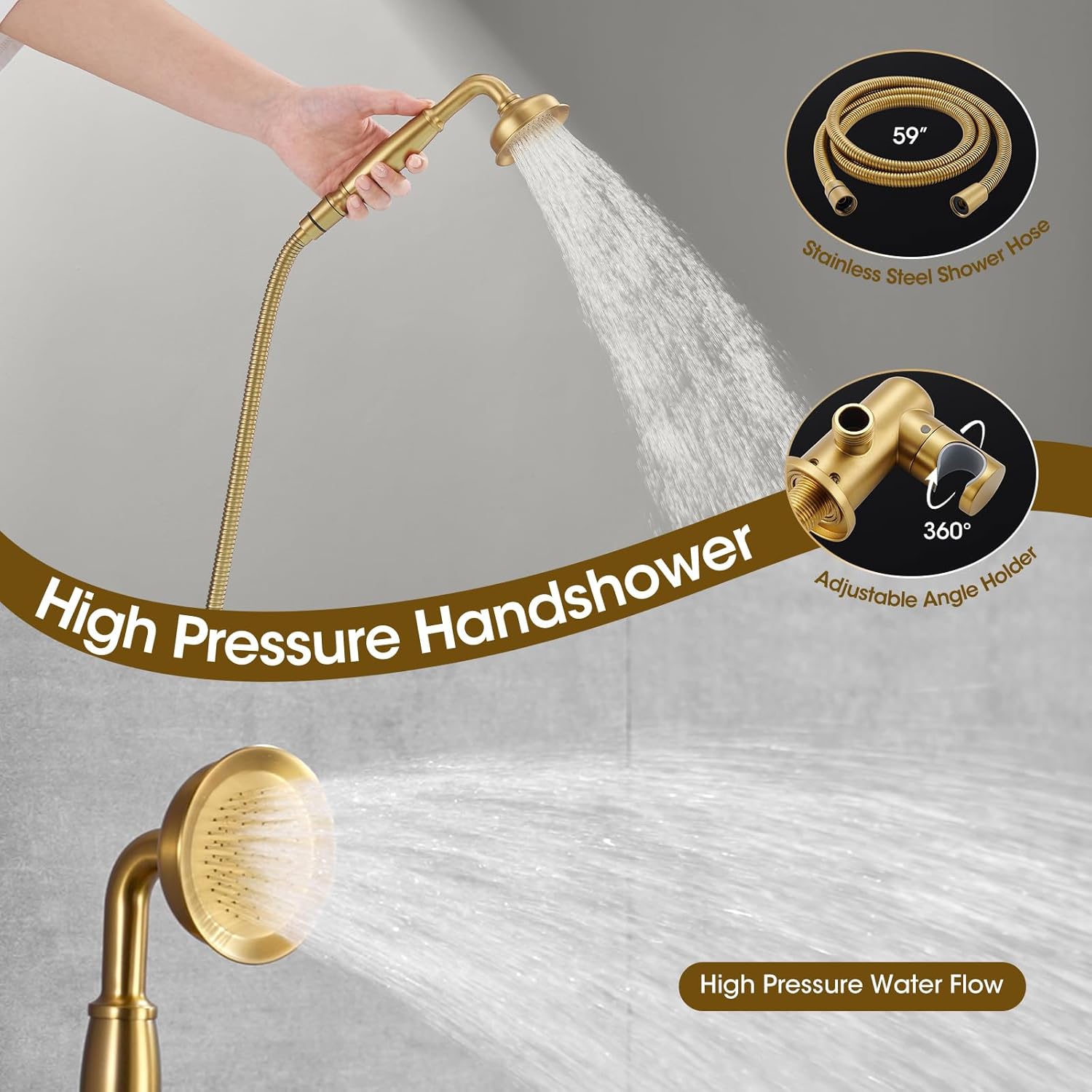 Rain Shower Head with Handheld Spray, Rainfall Shower System with Rough-in Valve, Luxury Shower Trim Kit Wall Mount, Brushed Gold