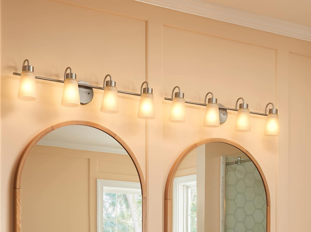 Kichler Stamos 4-Light Bathroom Vanity Light Fixture with Satin Etched Glass Shades, 26 in Modern Wall Light in Brushed Nickel for Bathroom Mirror (26 in x 8 in x 5 in), 55122NI