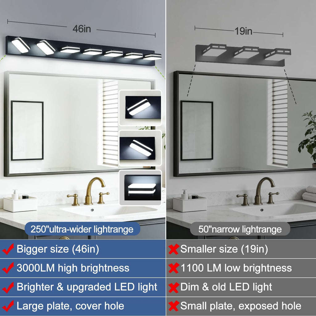 Torondo 360° Rotate LED Bathroom Vanity Light Fixtures, Acrylic Vanity Lights for Bathroom, Modern Wall Lighting Fixtures Over Mirror Living, Matte Black, Natural White, 7-Light, 46-Inch