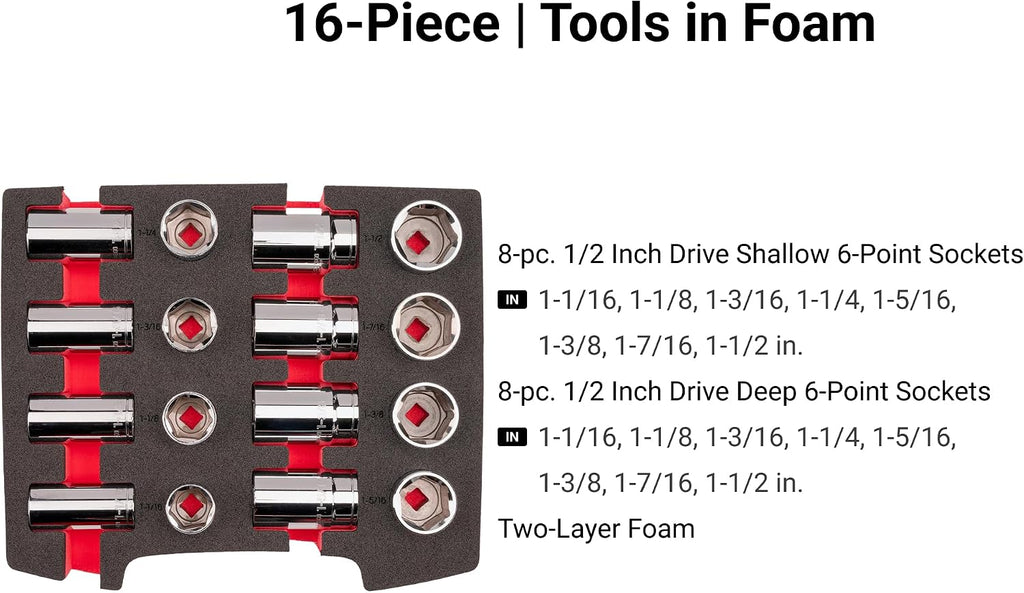 TEKTON 1/2 Inch Drive Shallow and Deep 6-Point Socket Set with Open Top Drawer and Rack, 16-Piece (1-1/16-1-1/2 in.) | SHD92701