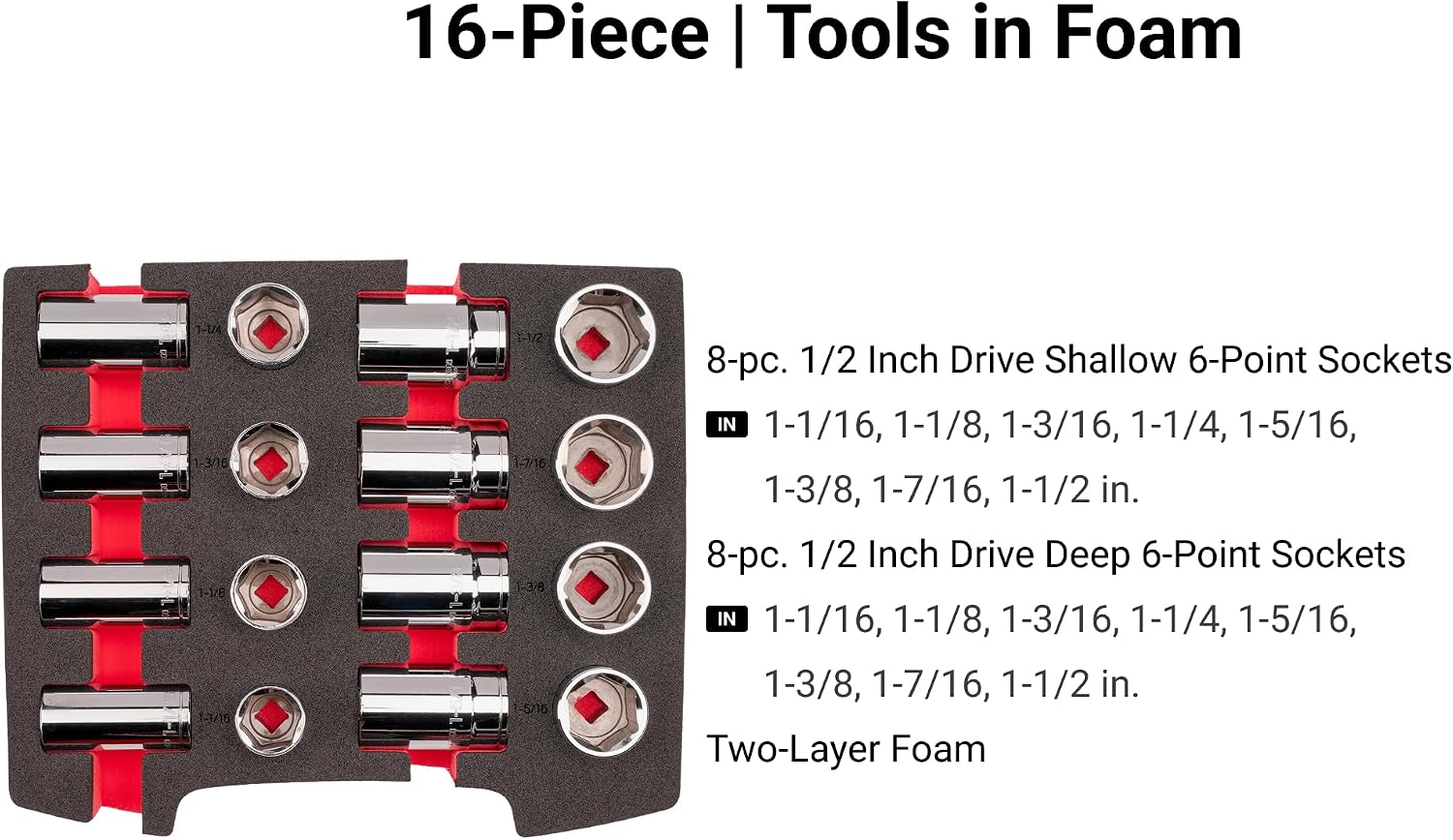 TEKTON 1/2 Inch Drive Shallow and Deep 6-Point Socket Set with Open Top Drawer and Rack, 16-Piece (1-1/16-1-1/2 in.) | SHD92701