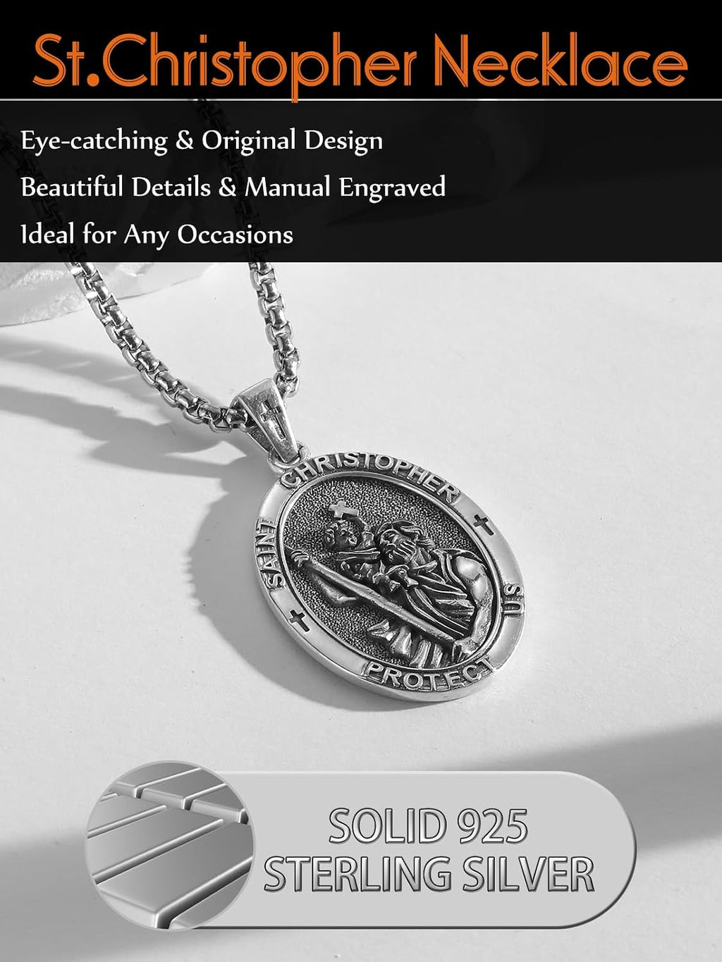 Patron Saint Medals 925 Sterling Silver Amulet Necklace Protection Jewelry for Men with 2.5mm 22'+2' Round Box Chain