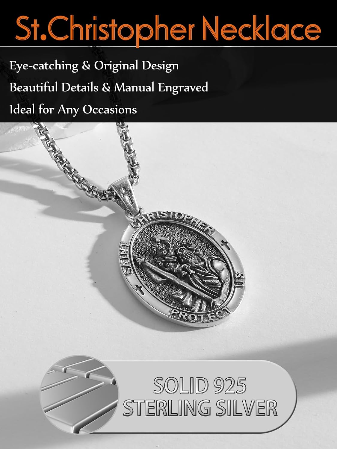 Patron Saint Medals 925 Sterling Silver Amulet Necklace Protection Jewelry for Men with 2.5mm 22'+2' Round Box Chain