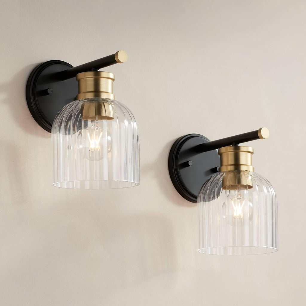 Stiffel Lana 9' High Modern Industrial Wall Sconce Light Lamp Fixture Mount Set of 2 Bathroom Bedroom Bedside Living Room Hardwired Cordless Black Gold Warm Brass Glass Shade Indoor Kitchen Hallway