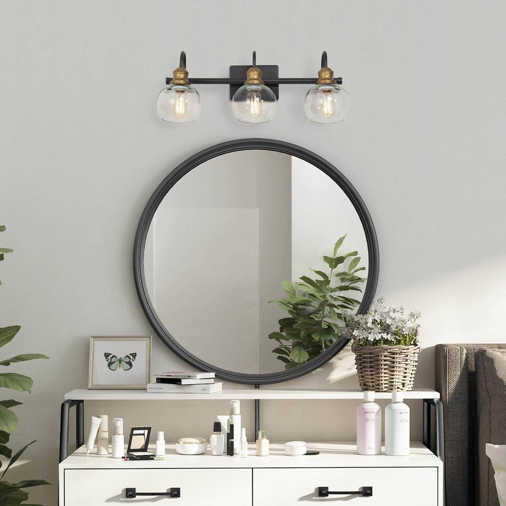 KSANA Farmhouse Bathroom Light Fixture, Modern Black Gold 3-Light Vanity Light with Opening Clear Glass Shade, Modern Antique Brass Wall Lamp Over Mirror