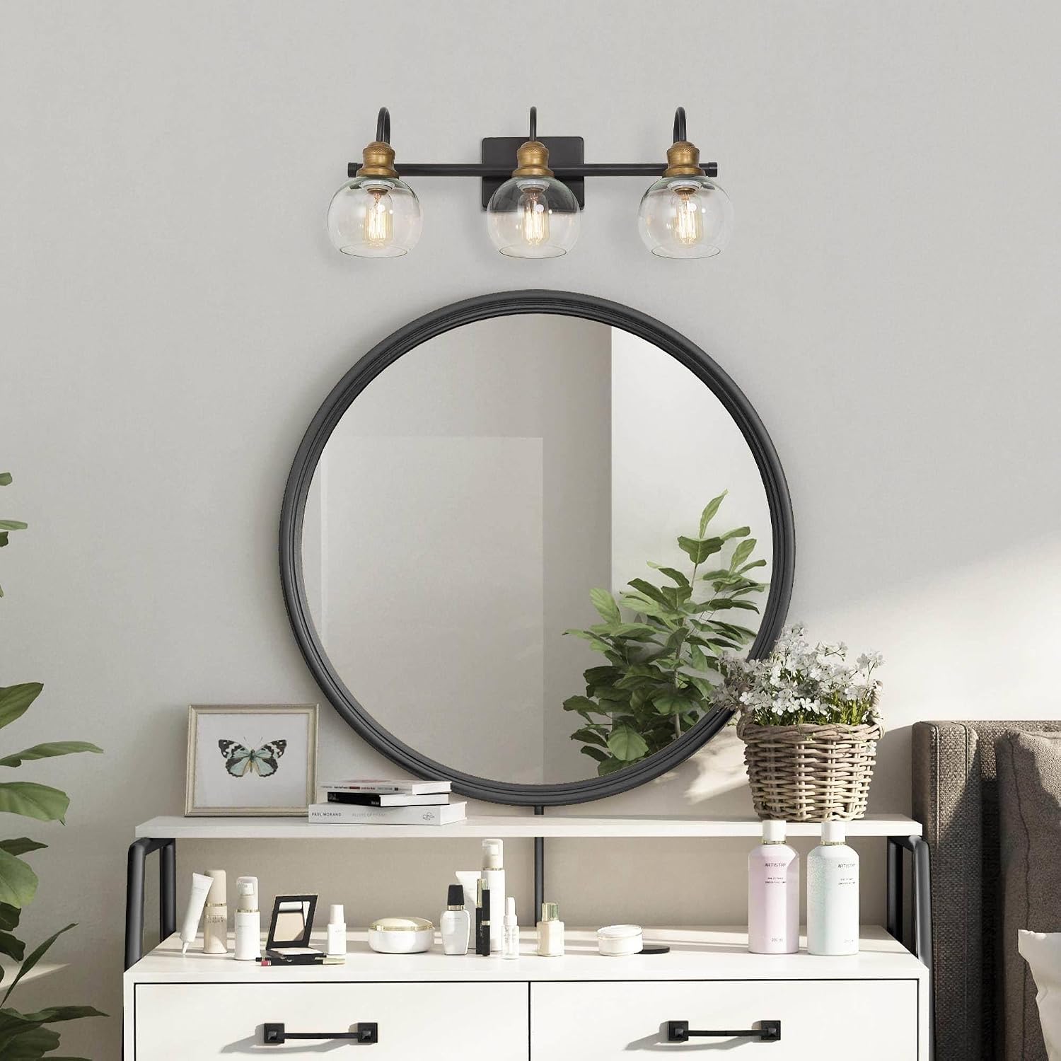 KSANA Farmhouse Bathroom Light Fixture, Modern Black Gold 3-Light Vanity Light with Opening Clear Glass Shade, Modern Antique Brass Wall Lamp Over Mirror