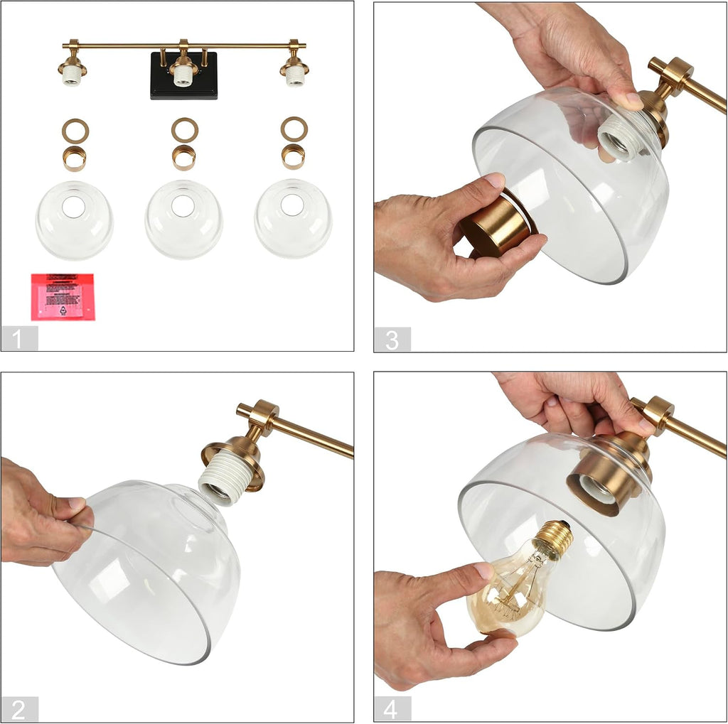 Bathroom Light Fixtures, 3-Light Black and Gold Vanity Lights with Large Clear Dome Glass Shade, 24.5'' Modern Black Brass Bathroom Lighting Over Mirror