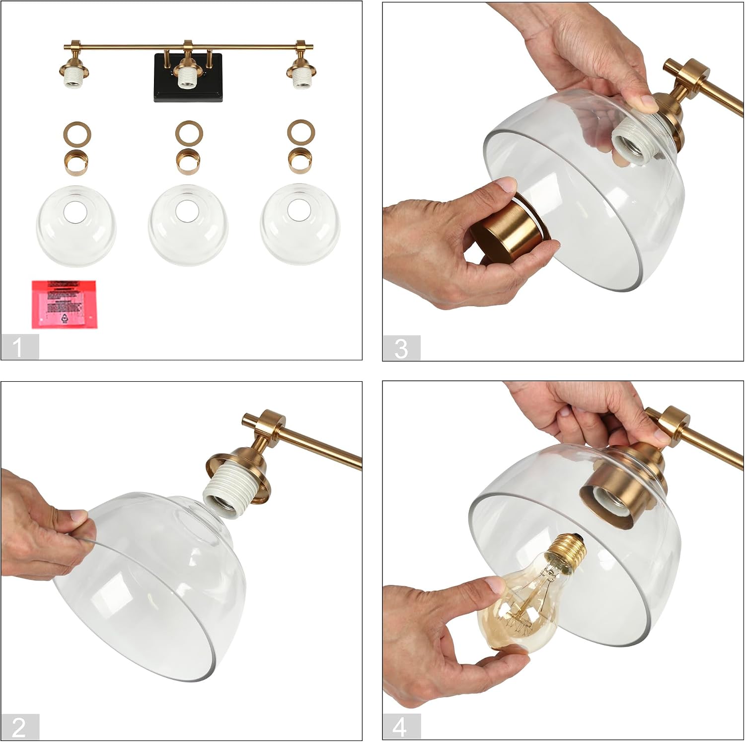 Bathroom Light Fixtures, 3-Light Black and Gold Vanity Lights with Large Clear Dome Glass Shade, 24.5'' Modern Black Brass Bathroom Lighting Over Mirror