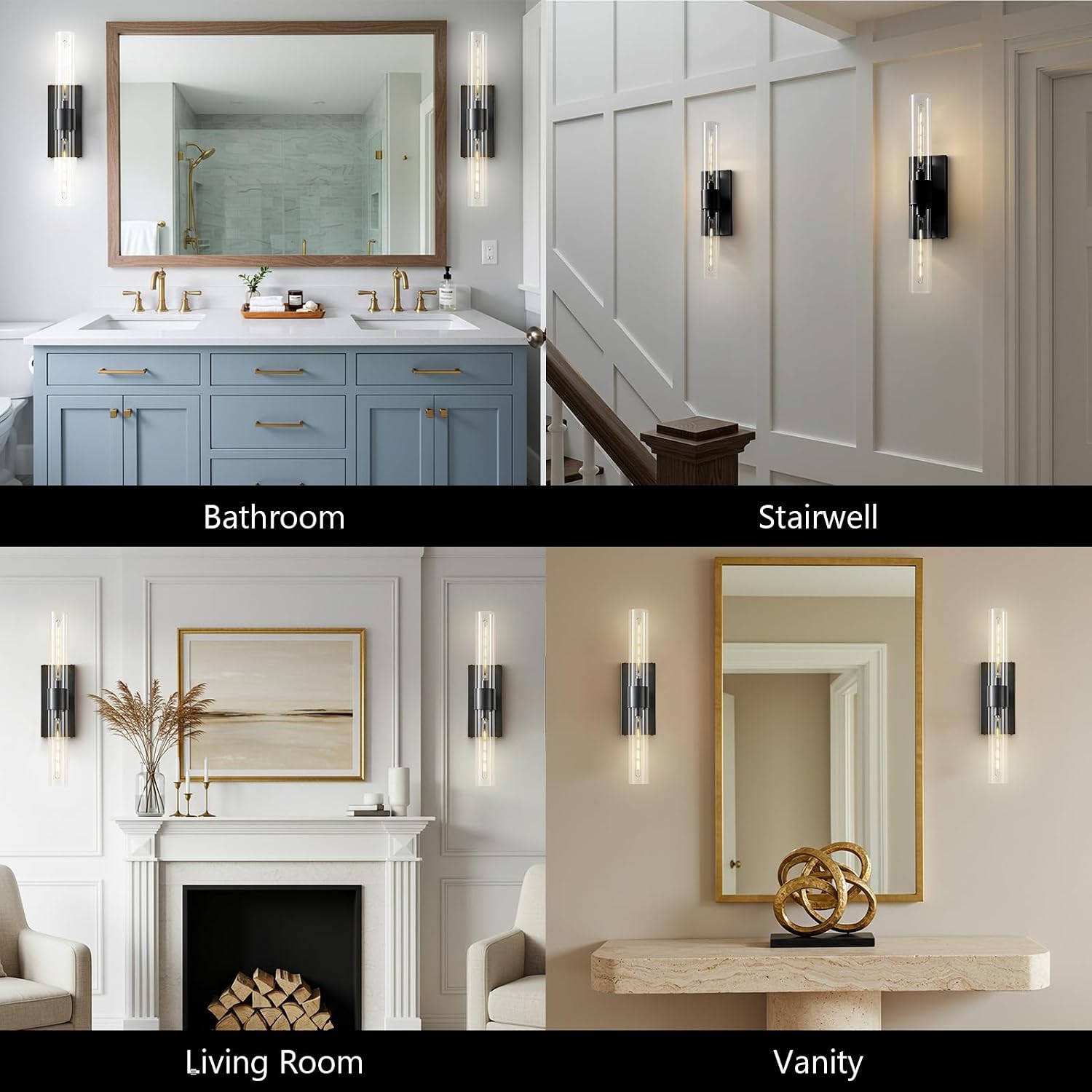 22.8' Bathroom Sconces Set of 2 – Modern Linear Hardwired Wall Sconce with Clear Glass Tube, Horizontal or Vertical Mount, for Bathroom Mirror, Bedroom & Living Room, Bulb Included