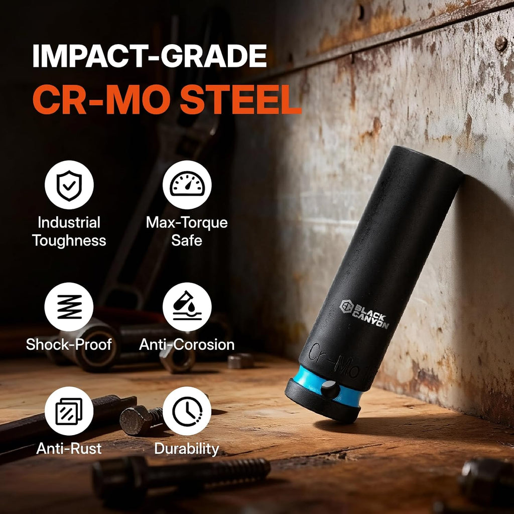 BLACK CANYON 87-Piece 1/2' Drive Impact Socket Set, SAE & Metric Deep & Shallow Sockets, 6-Point Cr-Mo Impact Grade Steel, Extension Bars, Universal Joint & Storage Case for Automotive Repair