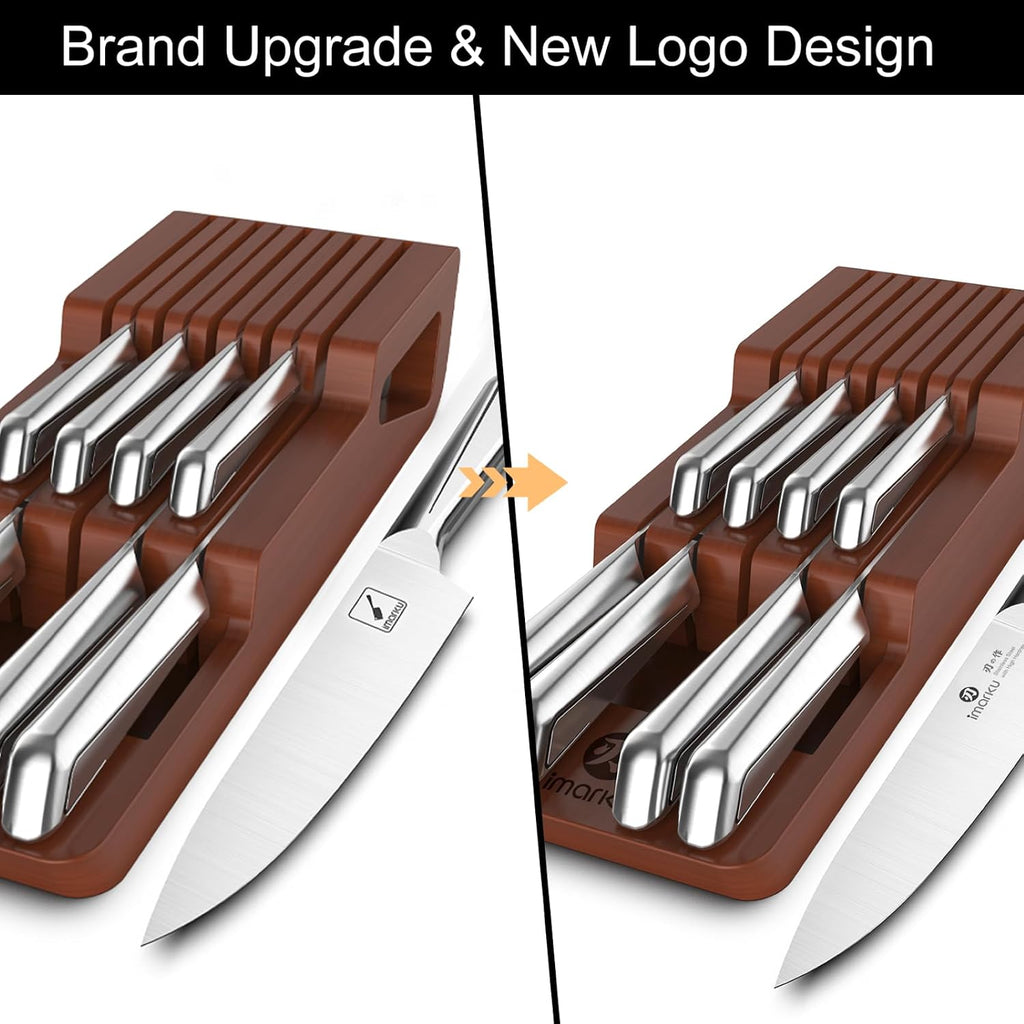 imarku Drawer Knife Set, 10 PCS Japanese Stainless Steel Knife Block Set, Kitchen Knife Sets with Wooden Drawer Organizer, Dishwasher Safe, Ultra Sharp Chef Knife, Gifts for Men