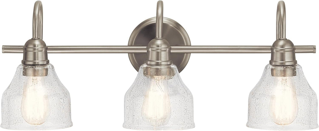 Kichler Avery 24' 3 Light Bathroom Vanity Light in Brushed Nickel, Vintage Bathroom Wall Mount Fixture with Clear Seeded Glass, (24' W x 9.25' H), 45973NI