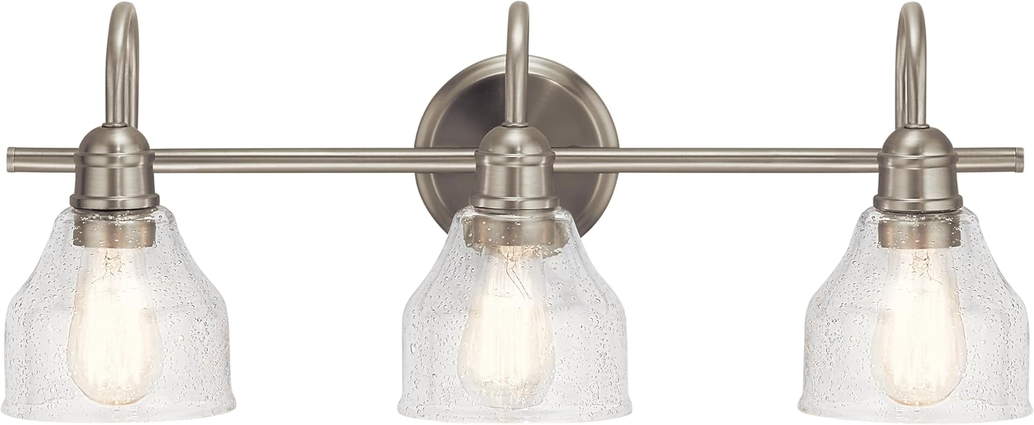 Kichler Avery 24' 3 Light Bathroom Vanity Light in Brushed Nickel, Vintage Bathroom Wall Mount Fixture with Clear Seeded Glass, (24' W x 9.25' H), 45973NI