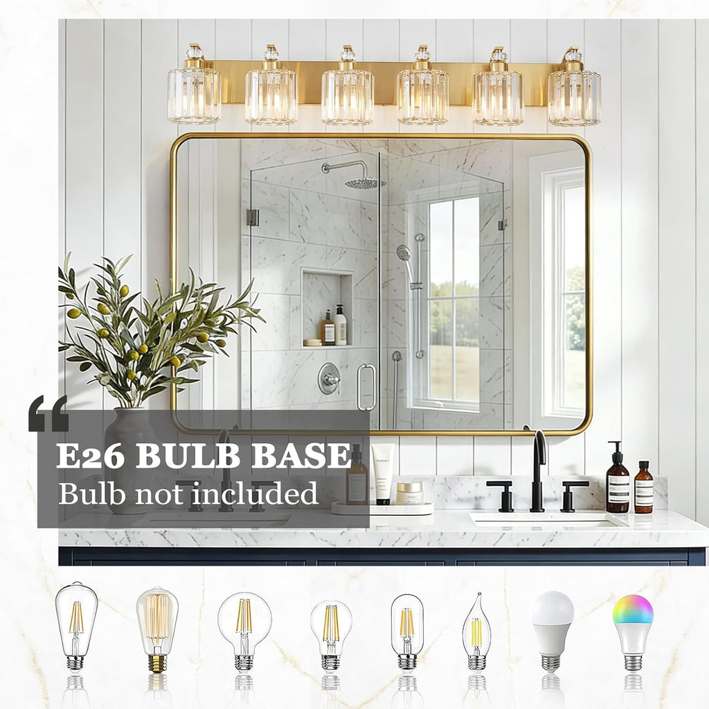 6-Lights Brushed Brass Bathroom Light Fixture Gold Vanity Lights Modern Crystal Bathroom Vanity Lighting Over Mirror Wall Sconce with K9 Crystal Shade E26 Base for Living Room, Bedroom Wall Lamp
